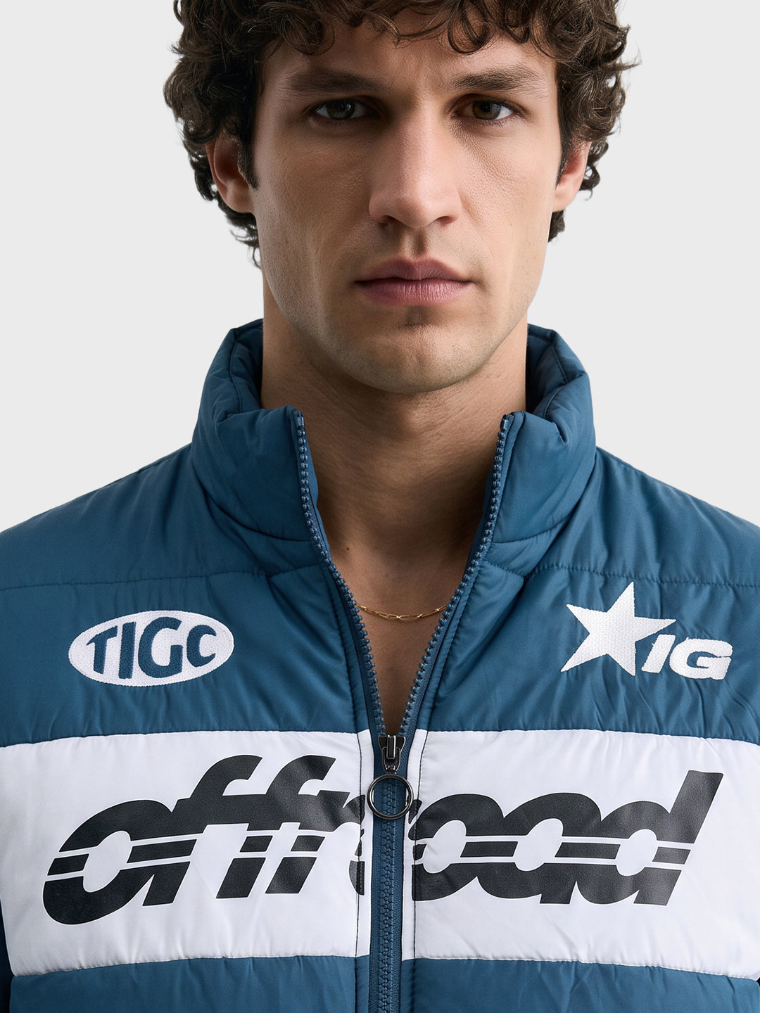 Men's Blue Regular Fit Graphic Printed Casual Puffer Jacket
