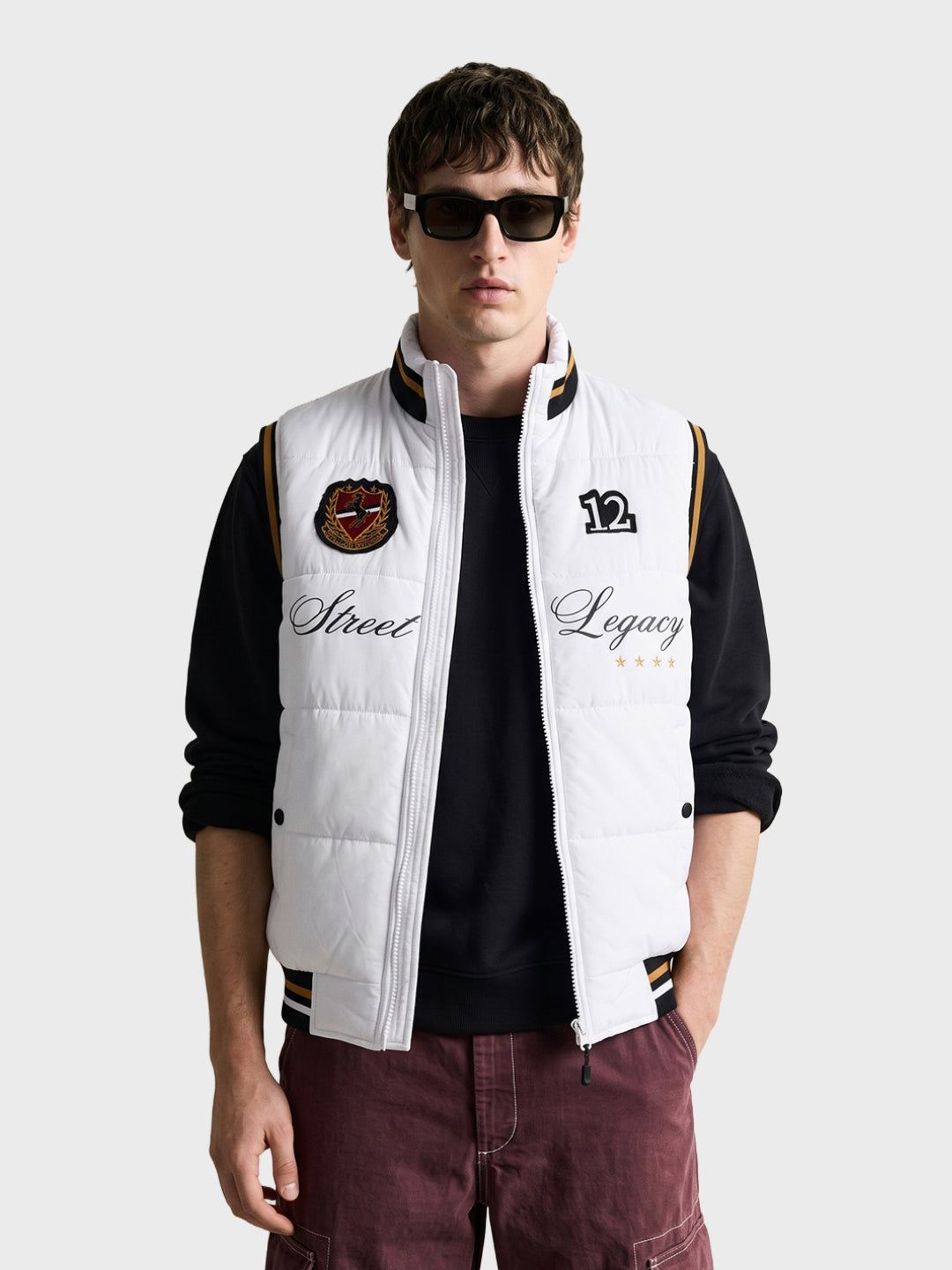 Men's White Regular Fit Embroidered Casual Puffer Jacket