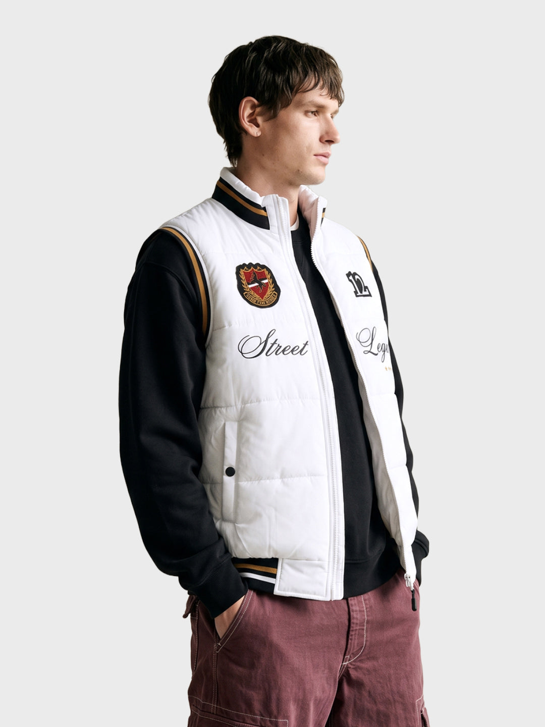Men's White Regular Fit Embroidered Casual Puffer Jacket