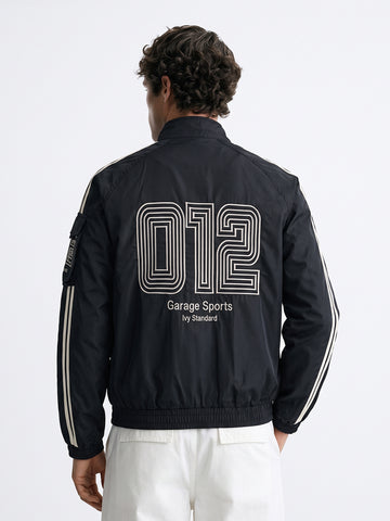 Men's Black Regular Fit Embroidered Casual Jacket