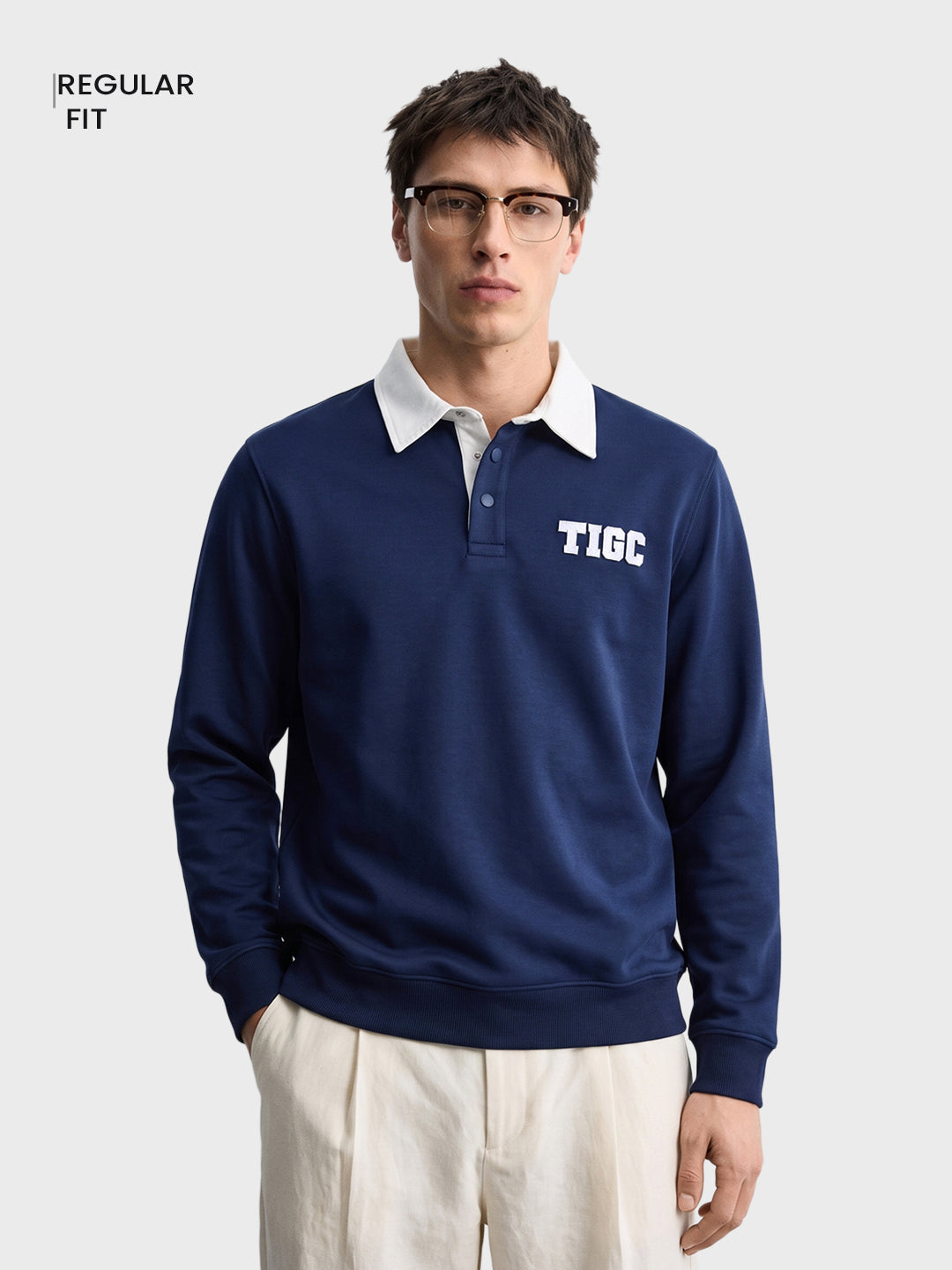 Men's Navy Blue Regular Fit Solid Casual Sweatshirt