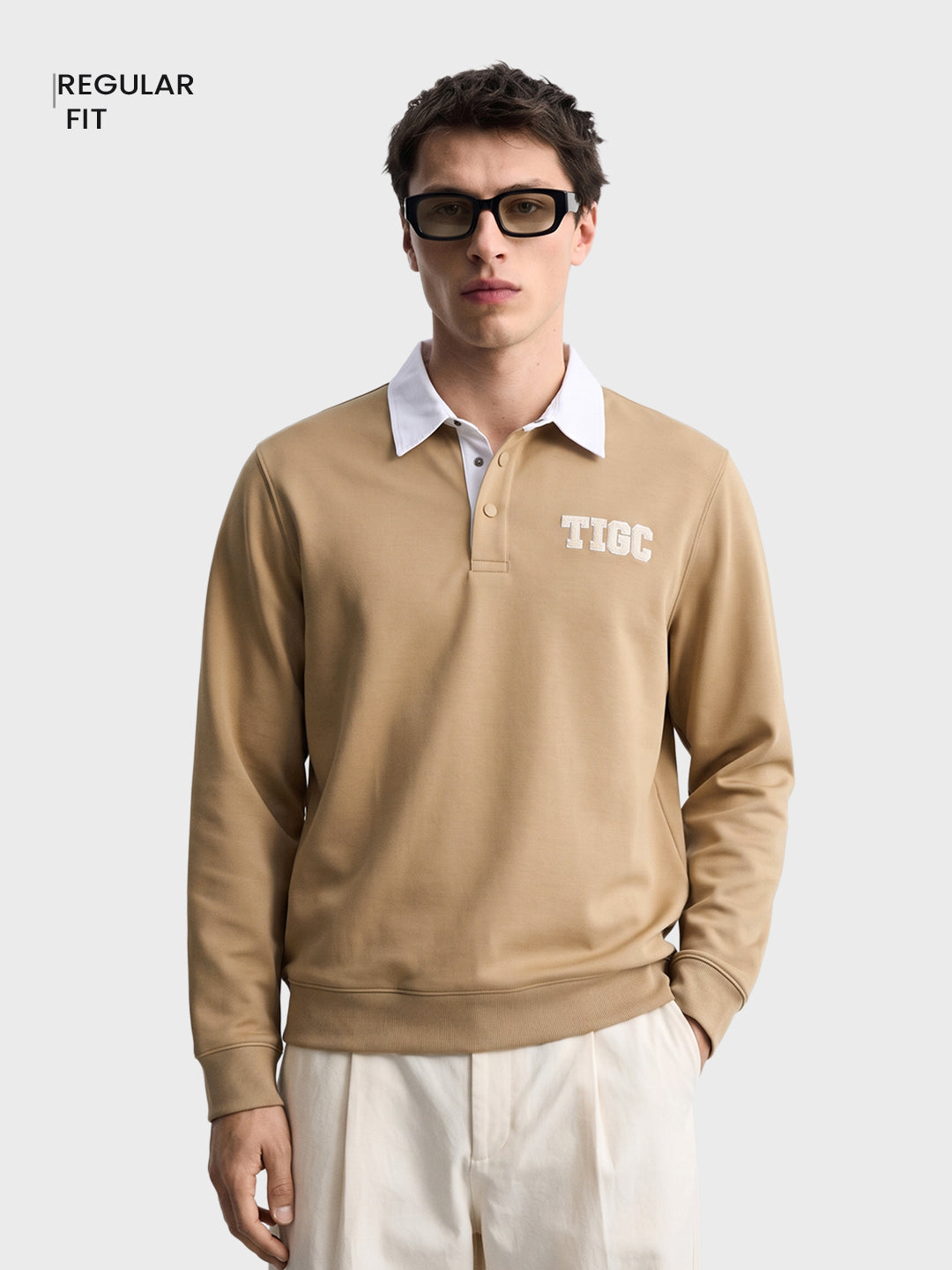 Men's Beige Regular Fit Solid Casual Sweatshirt