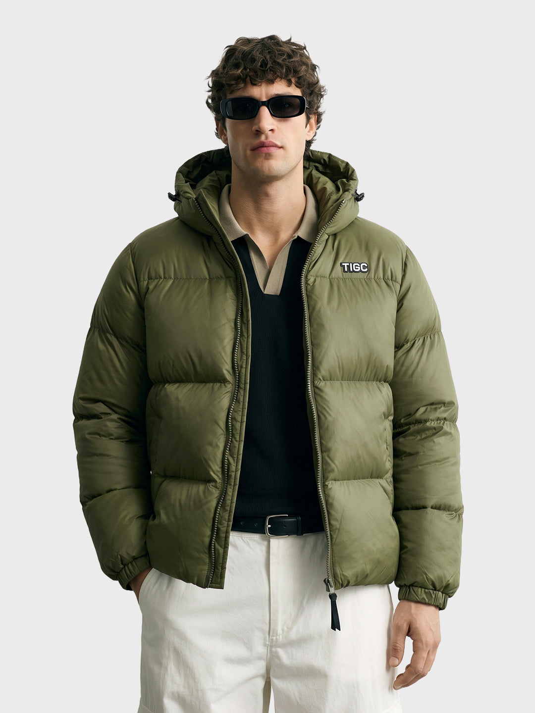 Men's Olive Regular Fit Solid Casual Puffer Jacket