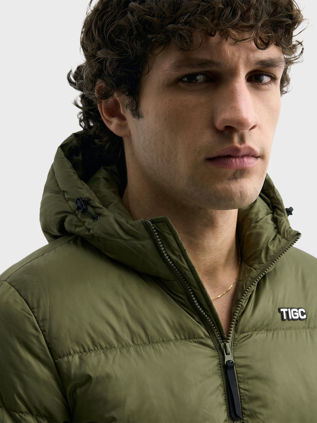 Men's Olive Regular Fit Solid Casual Puffer Jacket