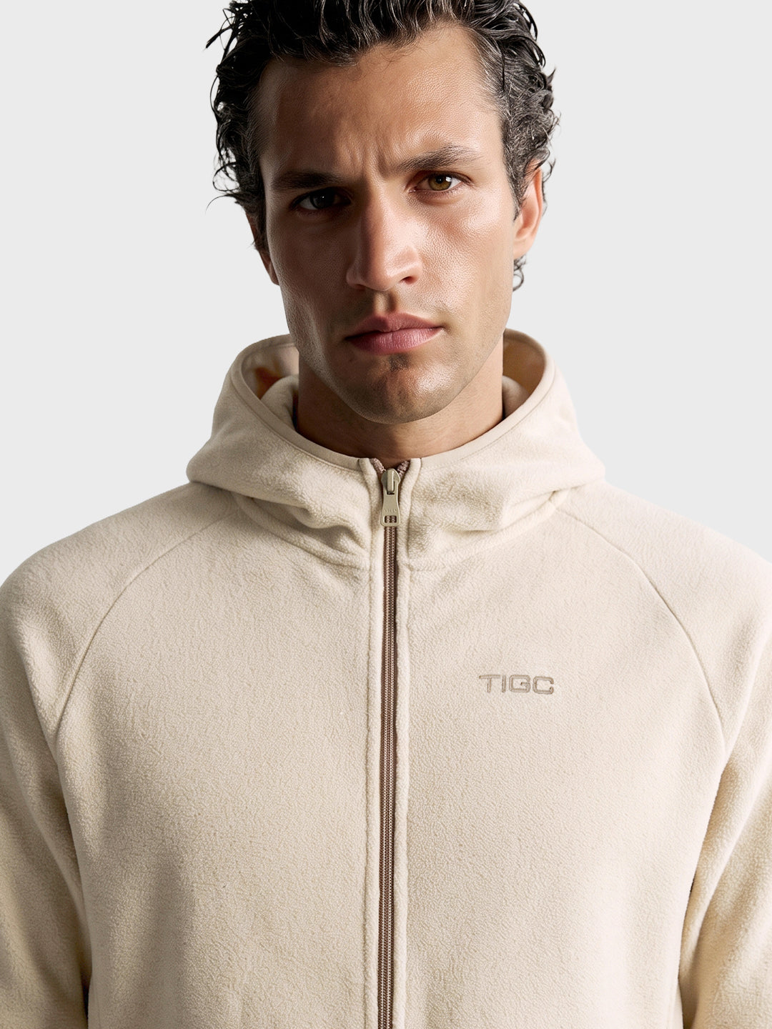 Men's Off White Regular Fit Solid Casual Hooded Sweatshirt with Zipper
