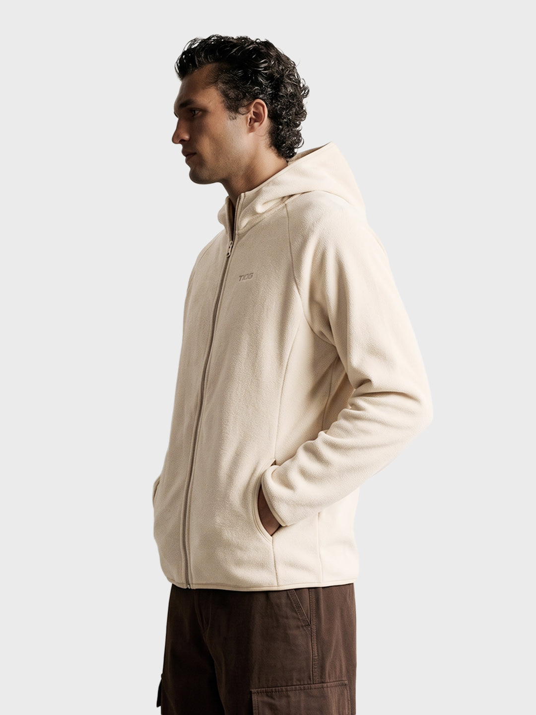 Men's Off White Regular Fit Solid Casual Hooded Sweatshirt with Zipper