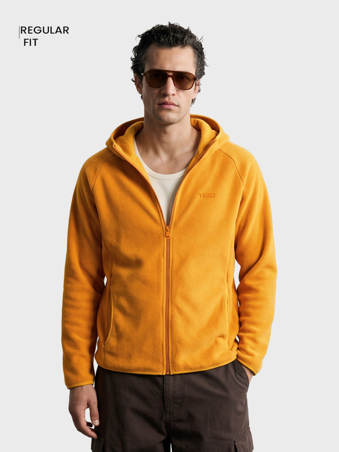 Men's Yellow Regular Fit Solid Casual Hooded Sweatshirt with Zipper
