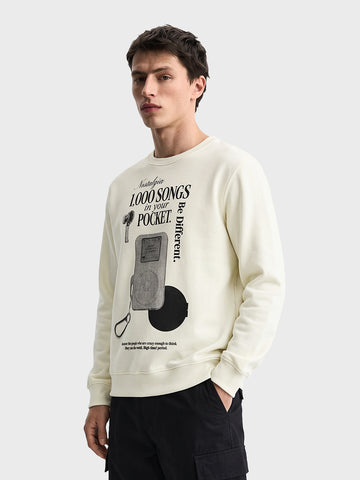 Men's Off White Relaxed Fit Printed Casual Sweatshirt