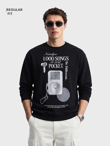 Men's Black Relaxed Fit Printed Casual Sweatshirt