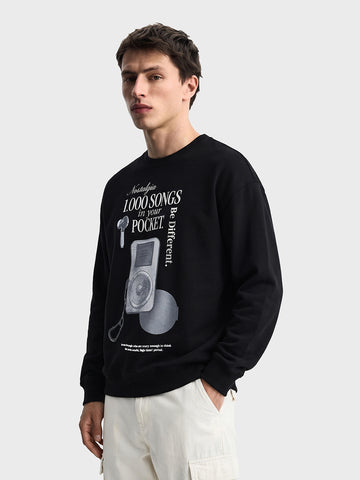Men's Black Relaxed Fit Printed Casual Sweatshirt