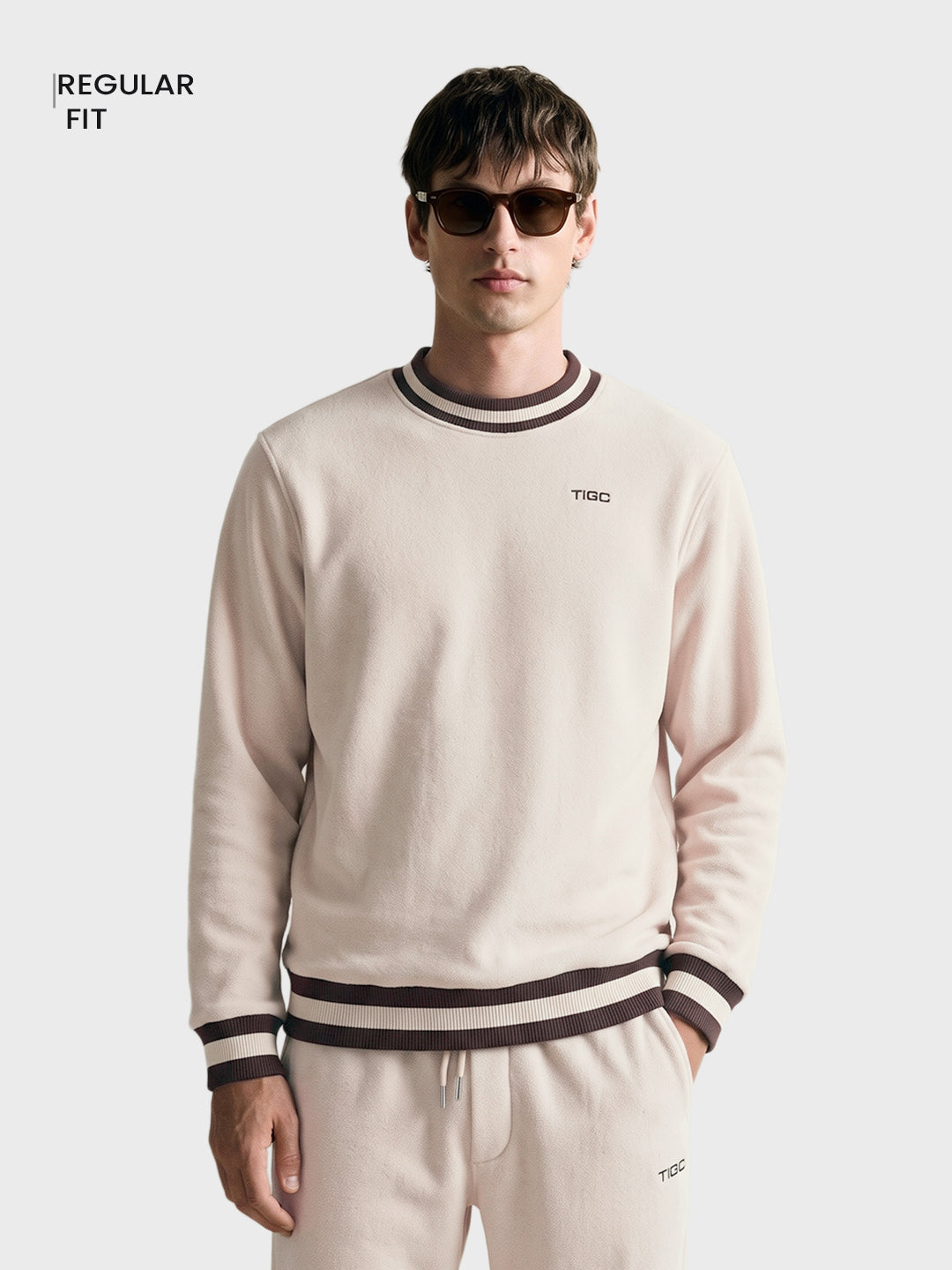 Men's Beige Regular Fit Solid Casual Sweatshirt