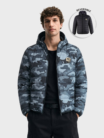 Men's Blue Regular Fit Printed Casual Reversable Jacket