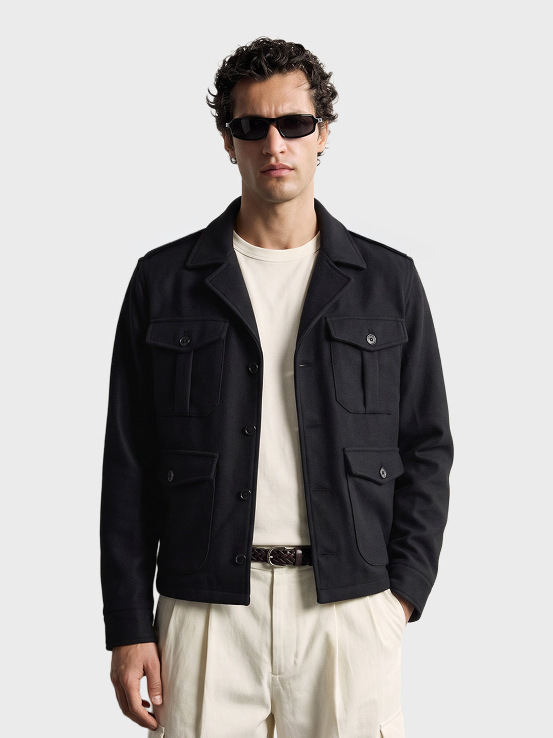 Men's Black Regular Fit Solid Casual Utility Jacket