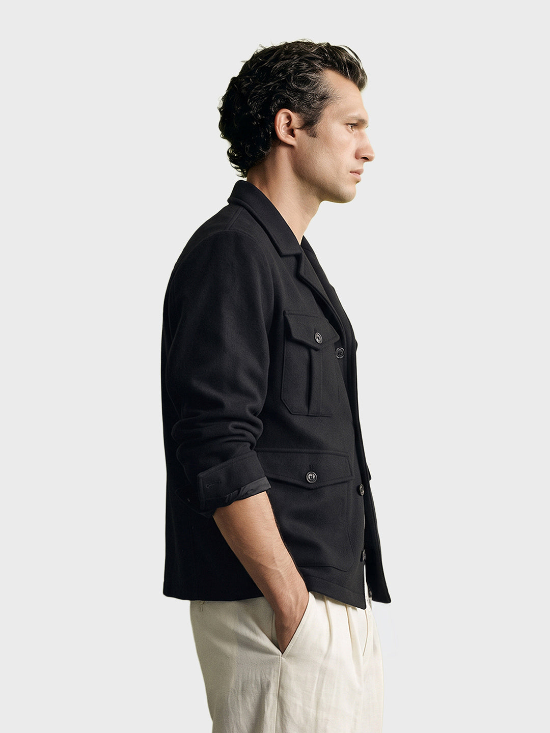 Men's Black Regular Fit Solid Casual Utility Jacket