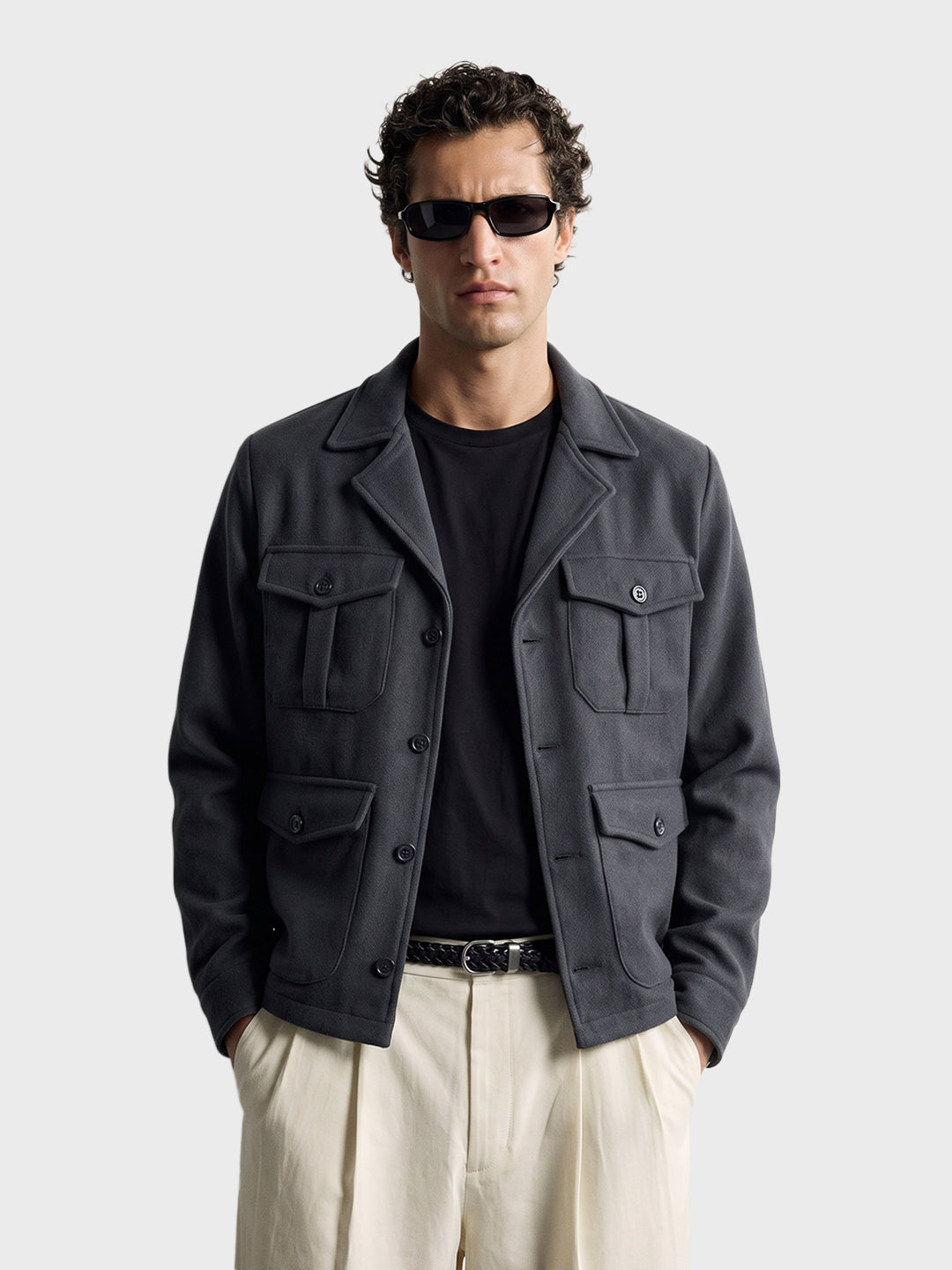 Men's Grey Regular Fit Solid Casual Utility Jacket