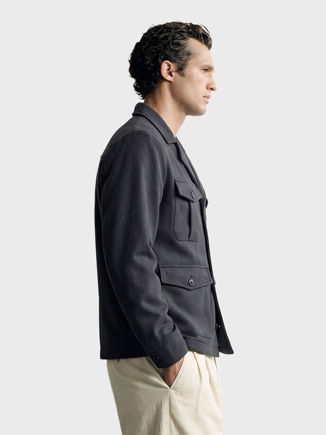 Men's Grey Regular Fit Solid Casual Utility Jacket