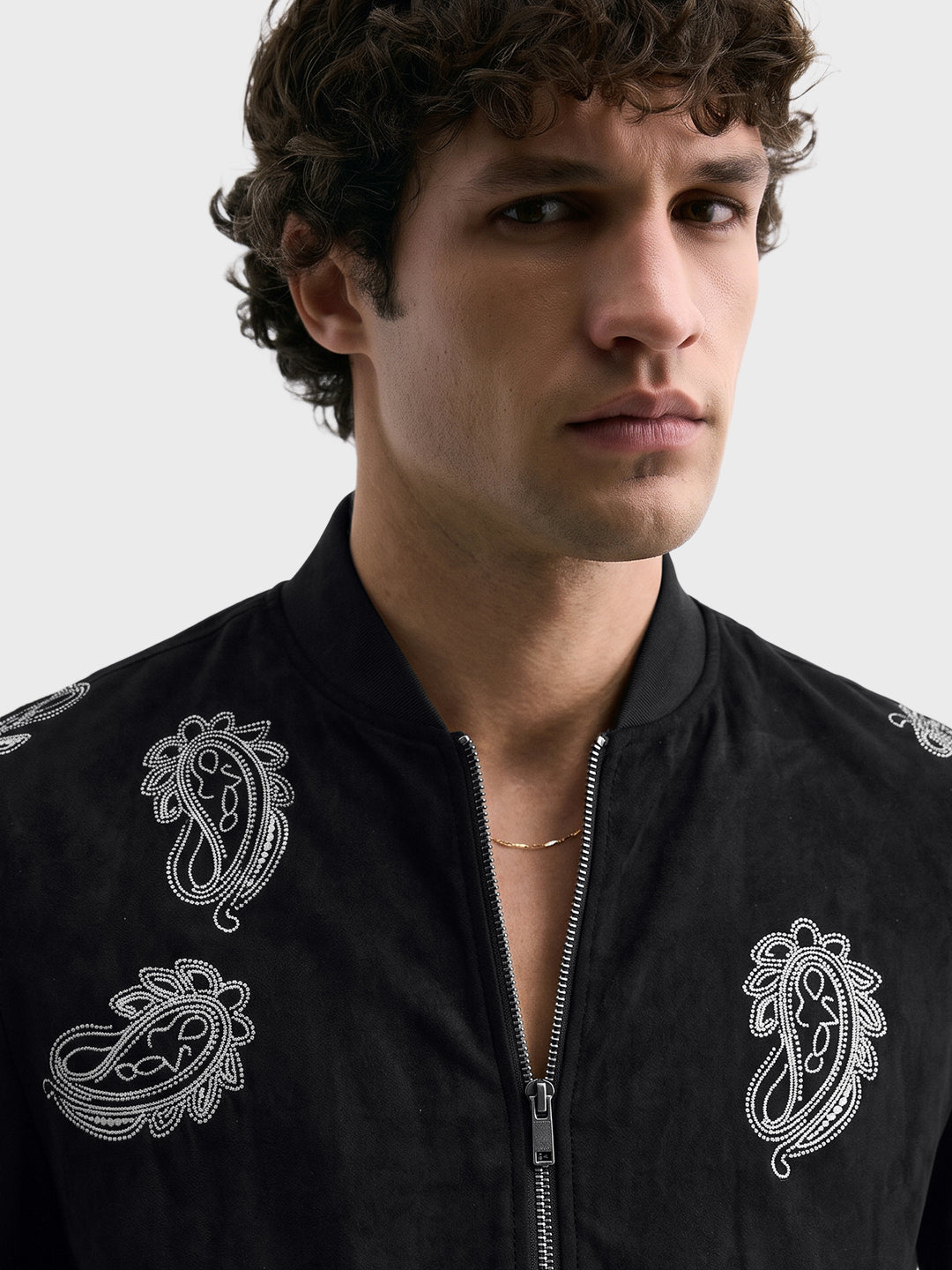 Men's Black Regular Fit Embroidered Casual Jacket