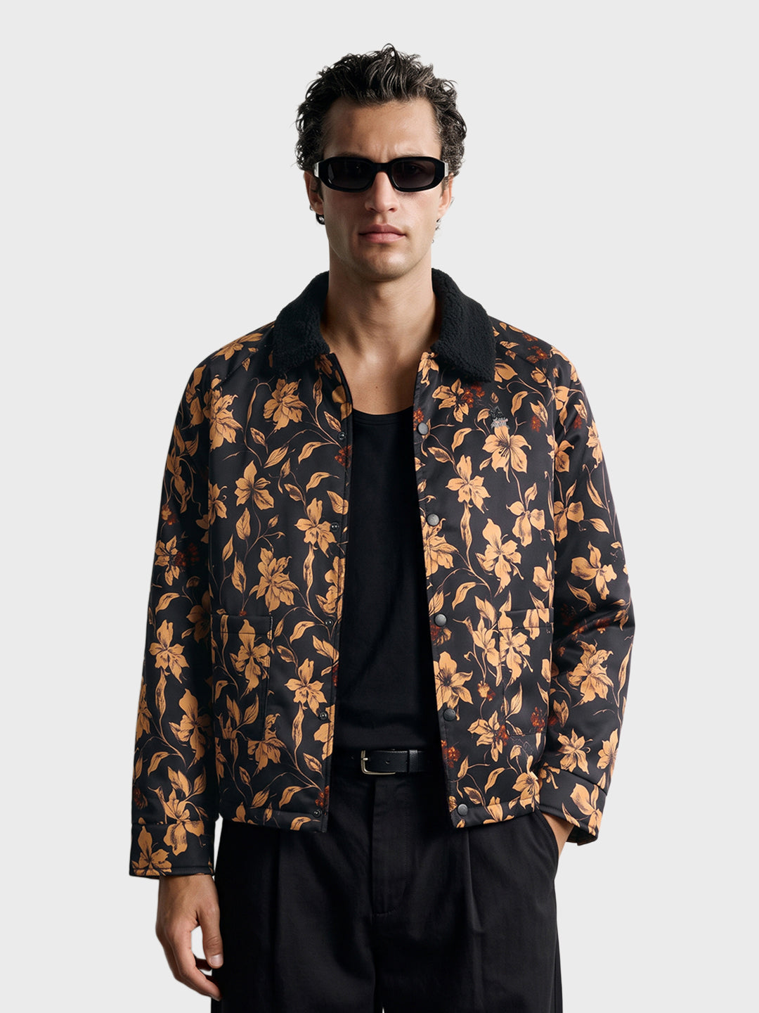 Men's Black Regular Fit Printed Casual Jacket