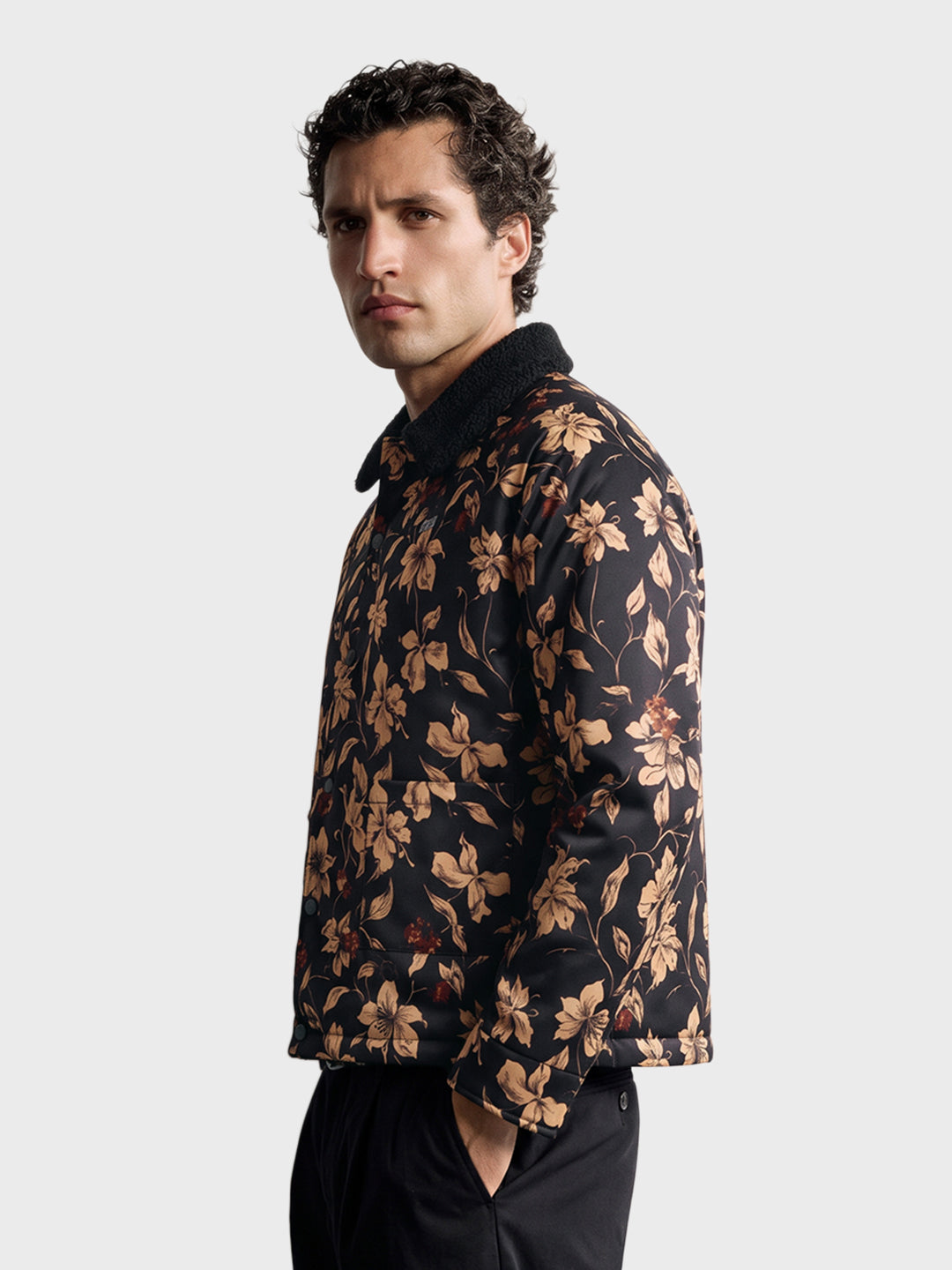 Men's Black Regular Fit Printed Casual Jacket