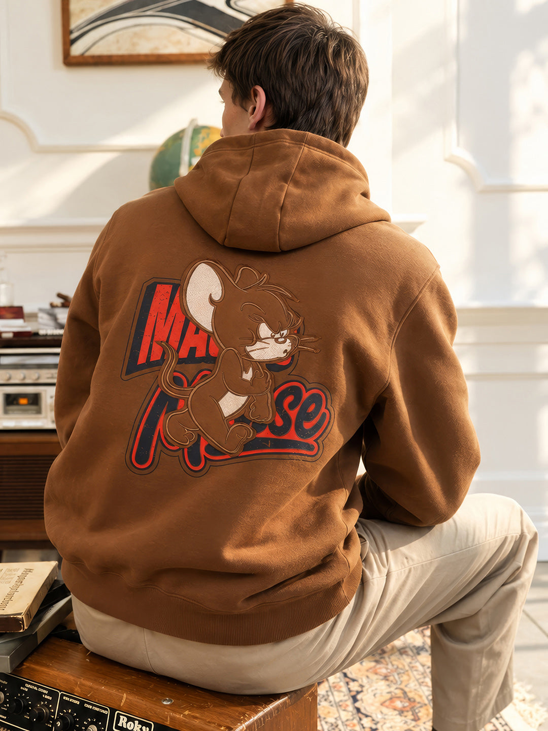 Men's Brown Regular Fit Graphic Printed Character Street Wear Hooded Sweatshirt with Zipper
