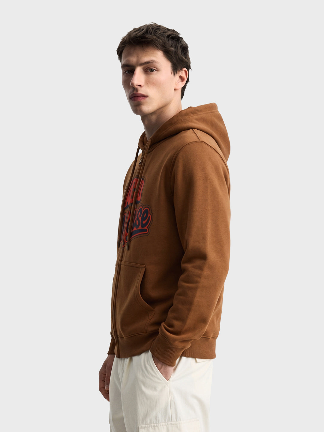 Men's Brown Regular Fit Graphic Printed Character Street Wear Hooded Sweatshirt with Zipper
