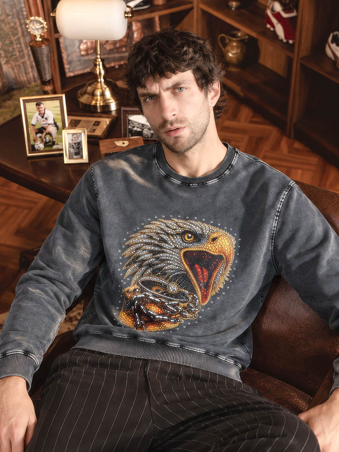 Men's Grey Relaxed Fit Graphic Printed Street Wear Sweatshirt