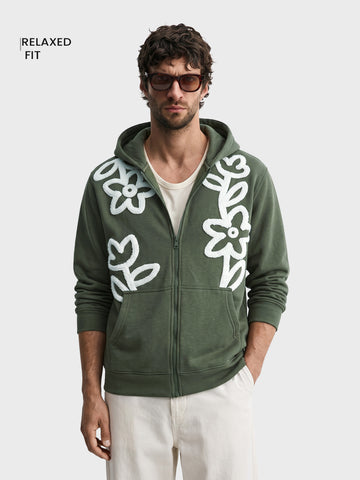 Men's Olive Relaxed Fit Embroidered Casual Sweatshirt