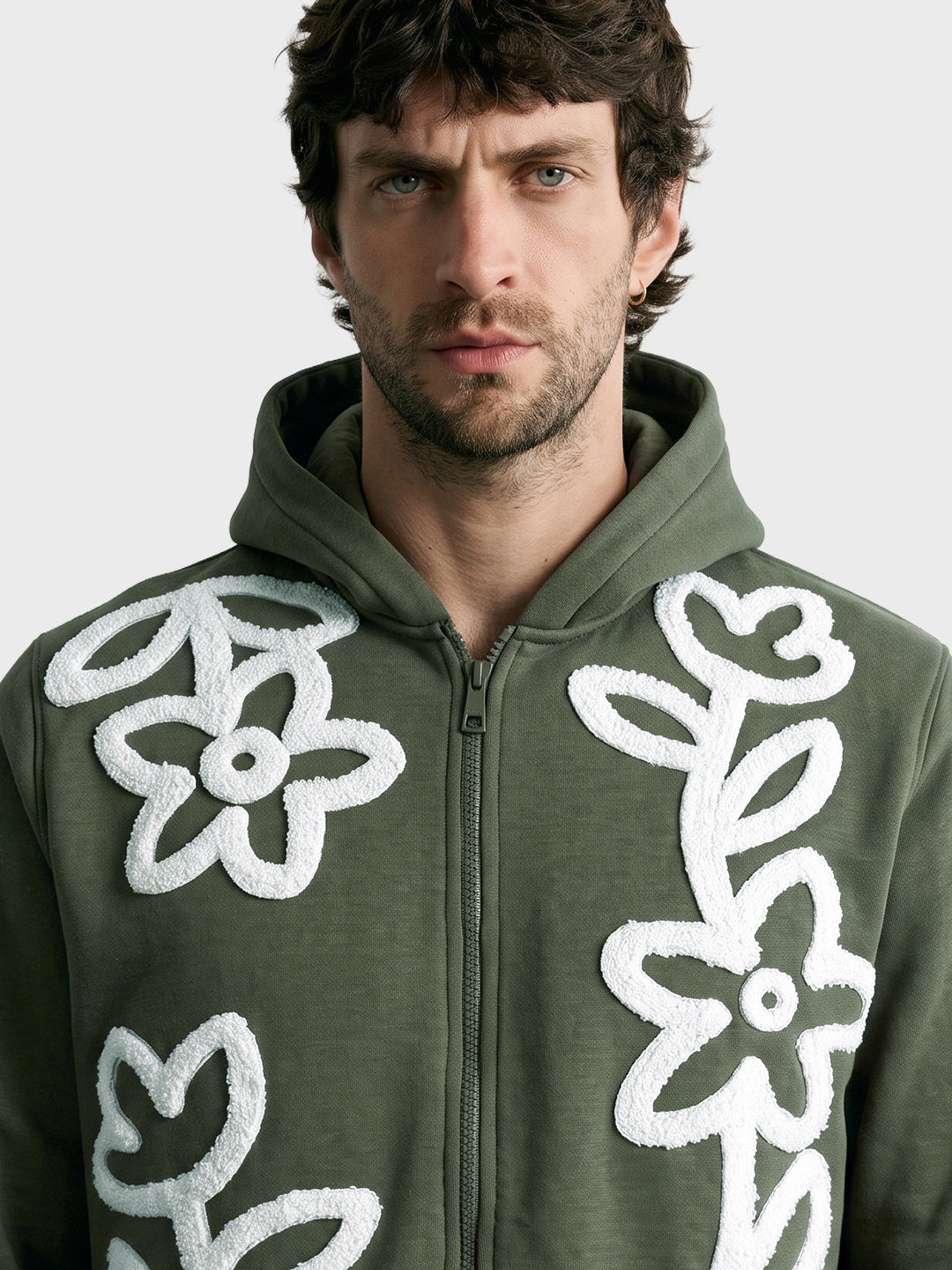 Men's Olive Relaxed Fit Embroidered Casual Sweatshirt