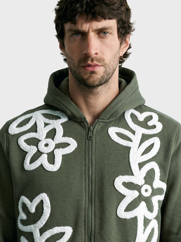 Men's Olive Relaxed Fit Embroidered Casual Sweatshirt