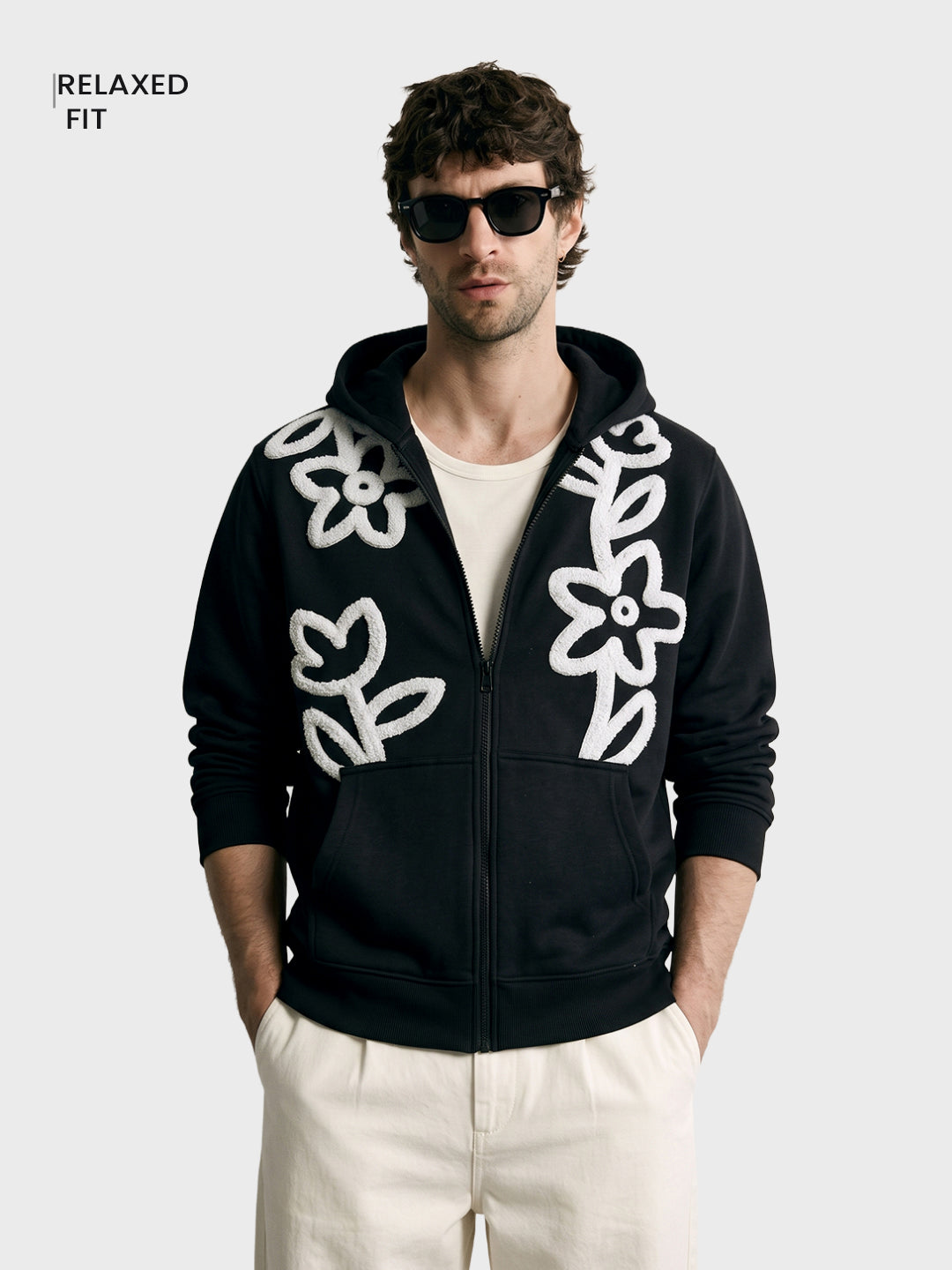 Men's Black Relaxed Fit Embroidered Casual Sweatshirt