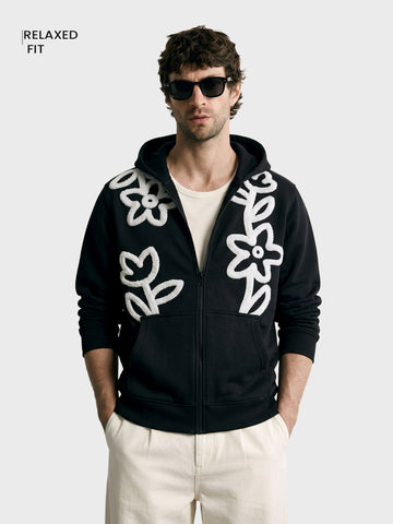 Men's Black Relaxed Fit Embroidered Casual Sweatshirt