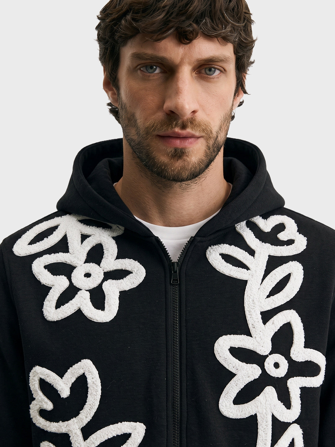 Men's Black Relaxed Fit Embroidered Casual Sweatshirt