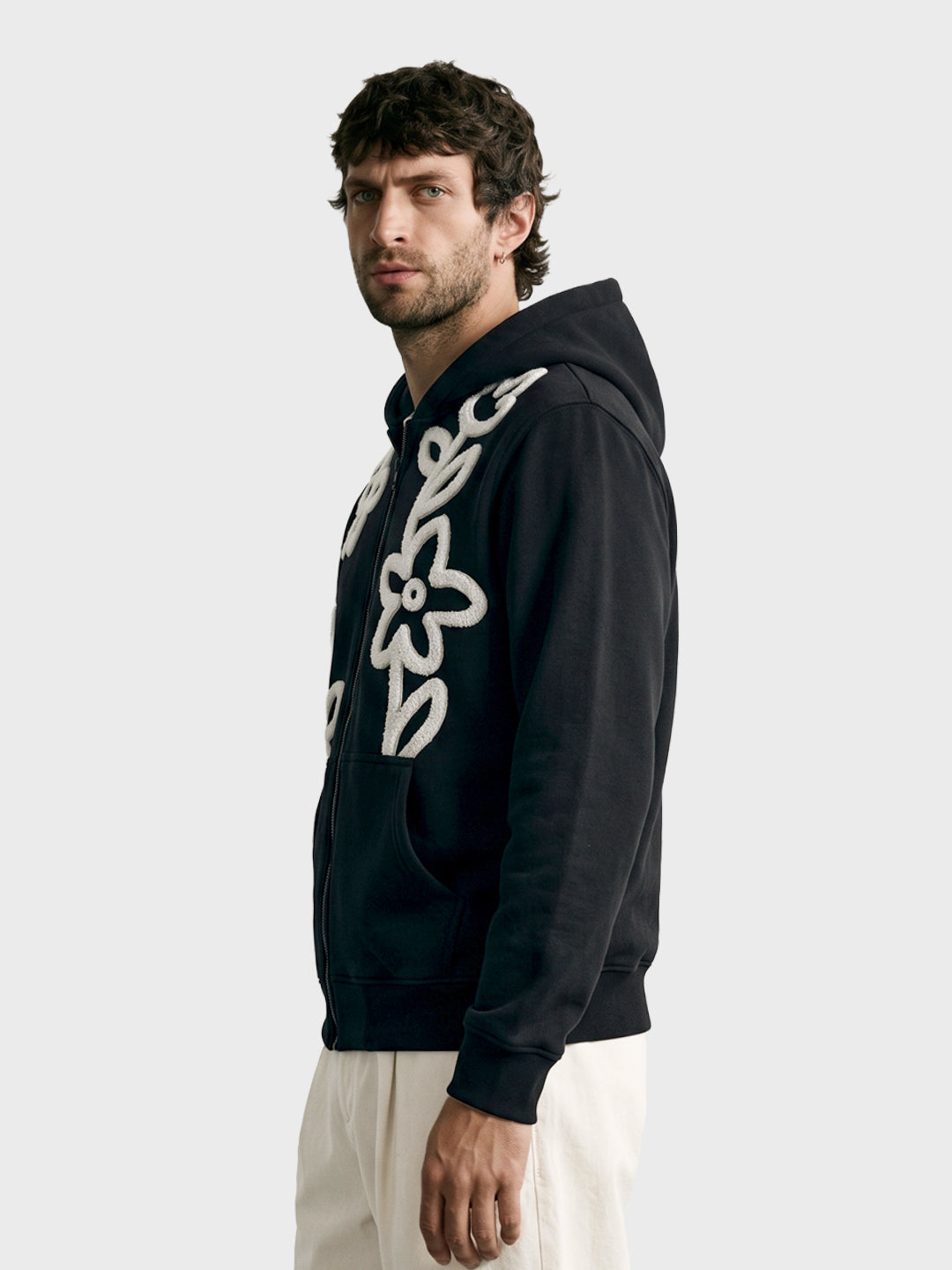 Men's Black Relaxed Fit Embroidered Casual Sweatshirt