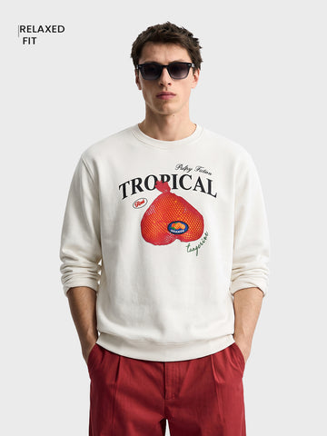 Men's White Relaxed Fit Printed Casual Sweatshirt