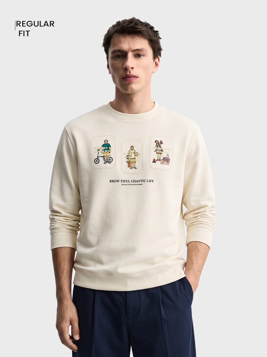 Men's Off White Regular Fit Graphic Printed Casual Sweatshirt