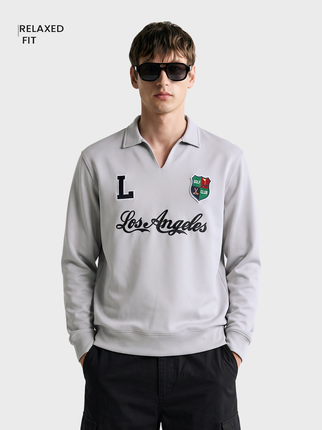 Men's Grey Relaxed Fit Embroidered Casual Sweatshirt