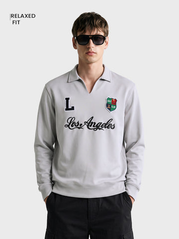 Men's Grey Relaxed Fit Embroidered Casual Sweatshirt