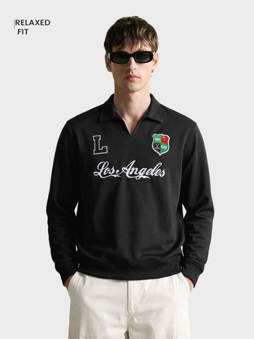 Men's Black Relaxed Fit Embroidered Casual Sweatshirt
