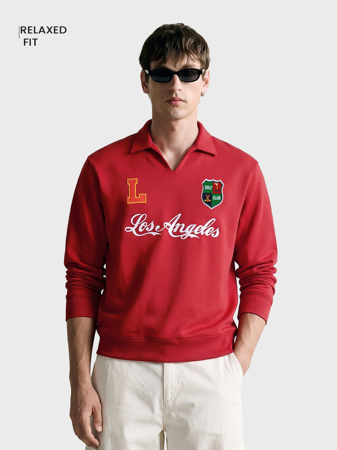 Men's Red Relaxed Fit Embroidered Casual Sweatshirt