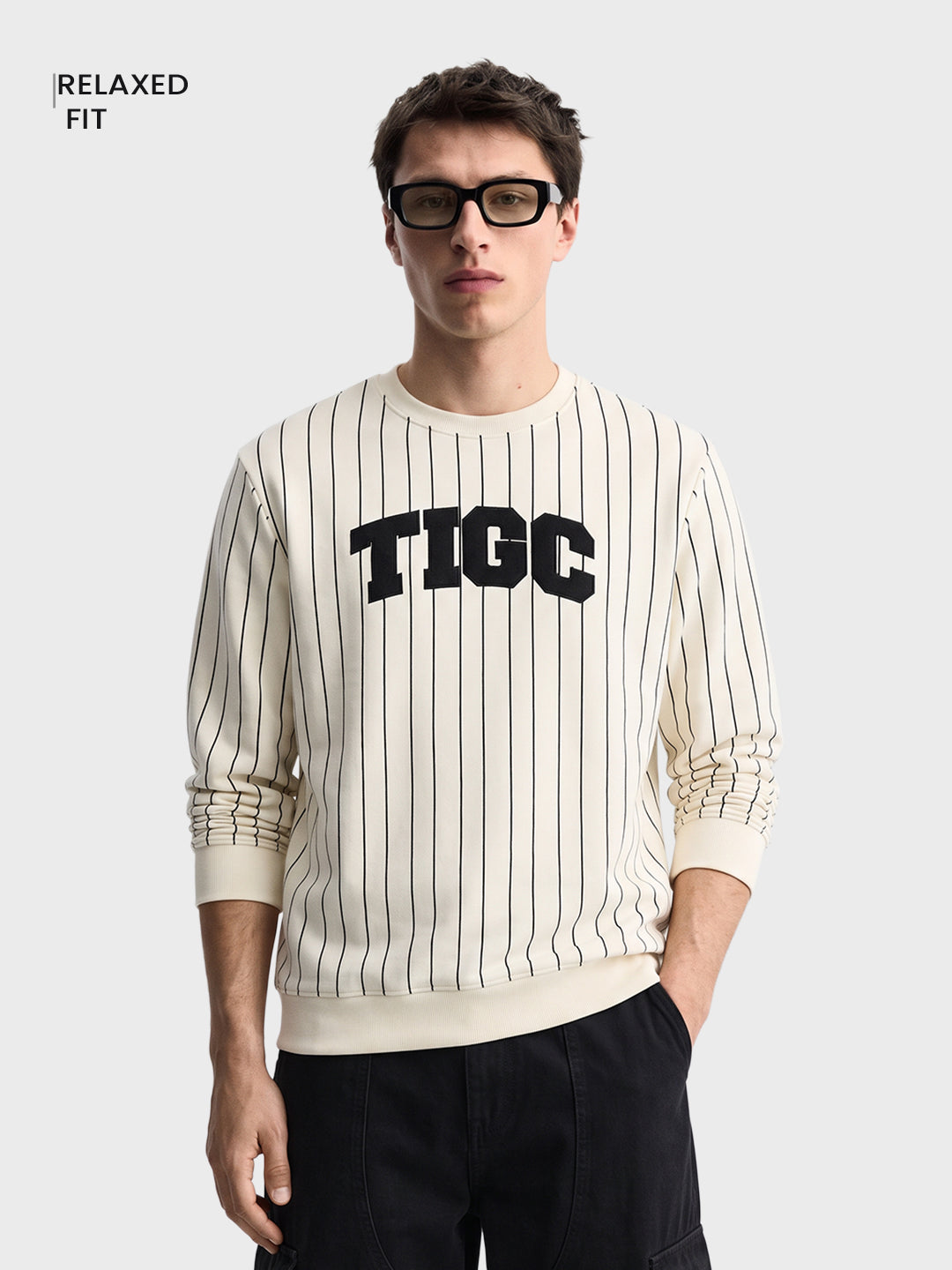 Men's Off White Relaxed Fit Striped Casual Sweatshirt