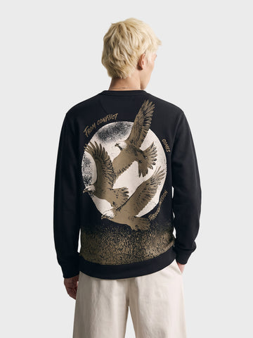 Men's Black Relaxed Fit Graphic Printed Casual Sweatshirt