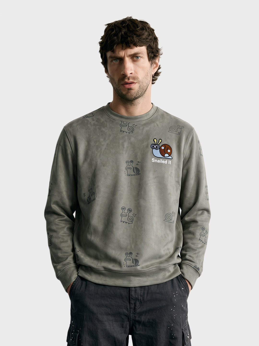 Men's Olive Relaxed Fit Printed Casual Sweatshirt