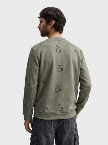 Men's Olive Relaxed Fit Printed Casual Sweatshirt