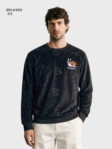 Men's Black Relaxed Fit Printed Casual Sweatshirt