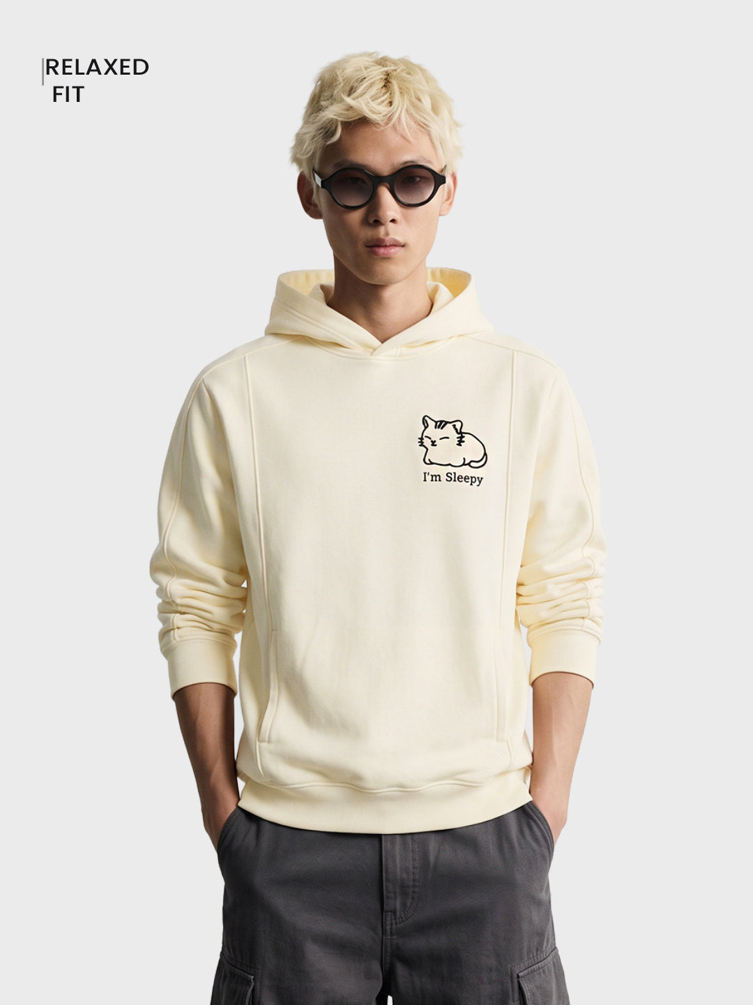 Men's Off White Relaxed Fit Embroidered Casual Hooded Sweatshirt