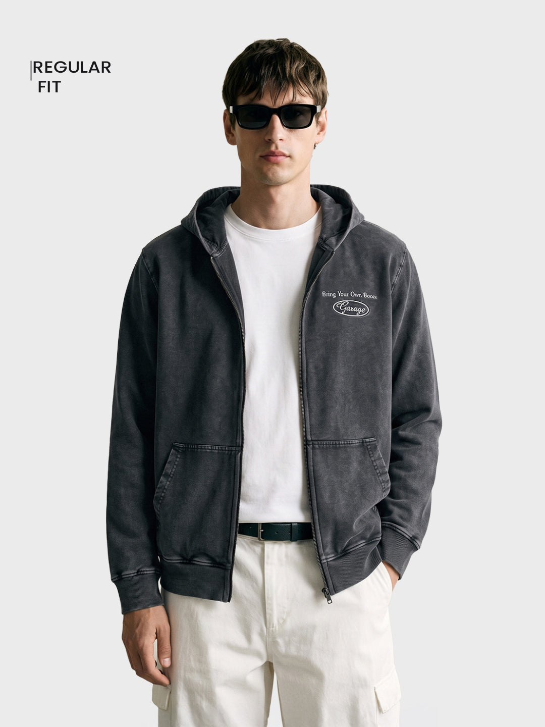 Men's Grey Regular Fit Embroidered Casual Hooded Sweatshirt with Zipper
