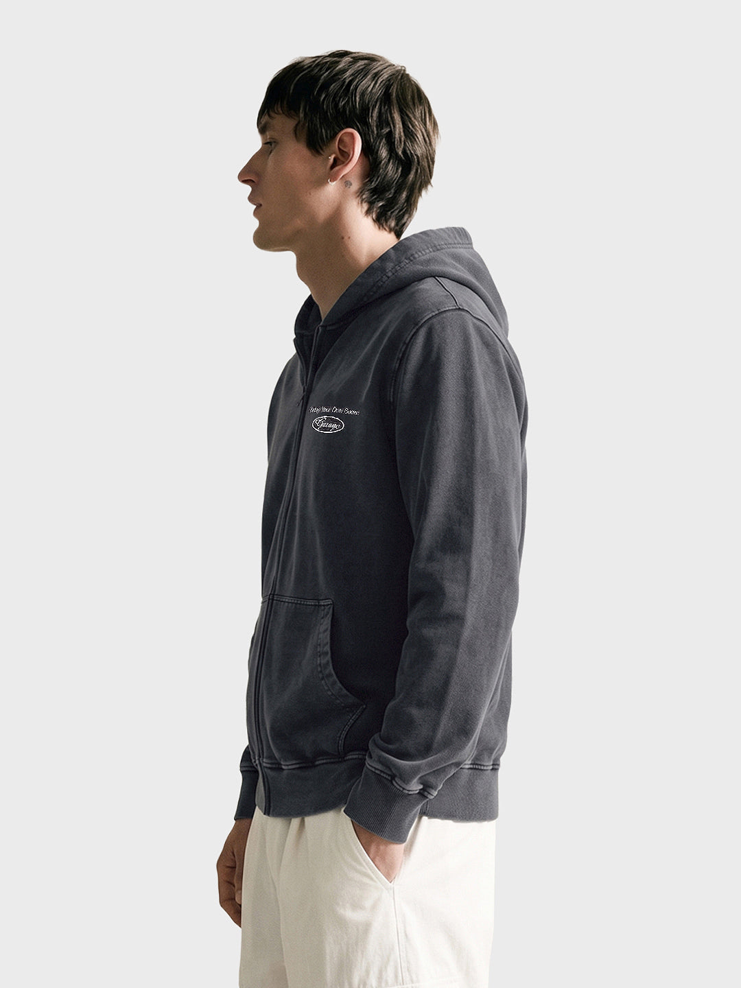 Men's Grey Regular Fit Embroidered Casual Hooded Sweatshirt with Zipper