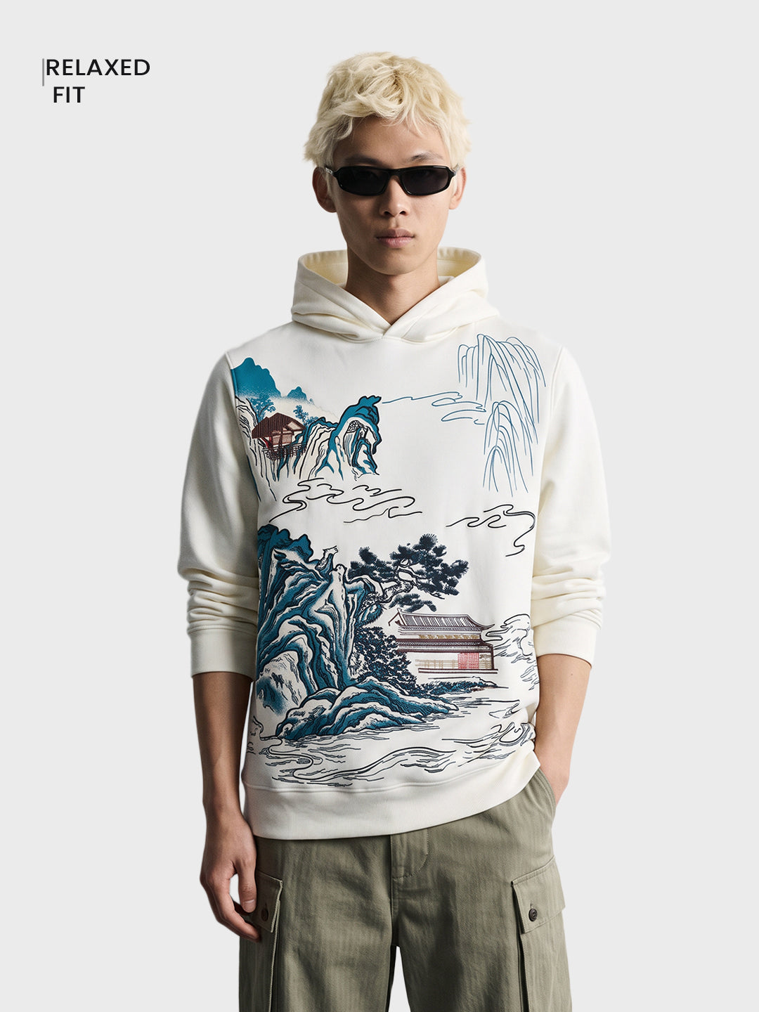 Men's Off White Relaxed Fit Graphic Printed Resort Wear Hooded Sweatshirt