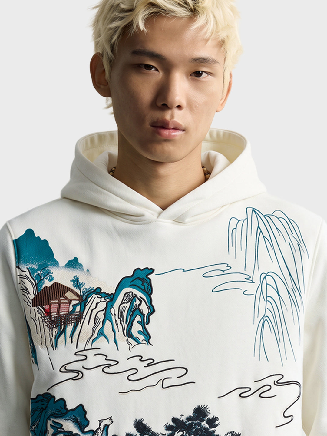 Men's Off White Relaxed Fit Graphic Printed Resort Wear Hooded Sweatshirt