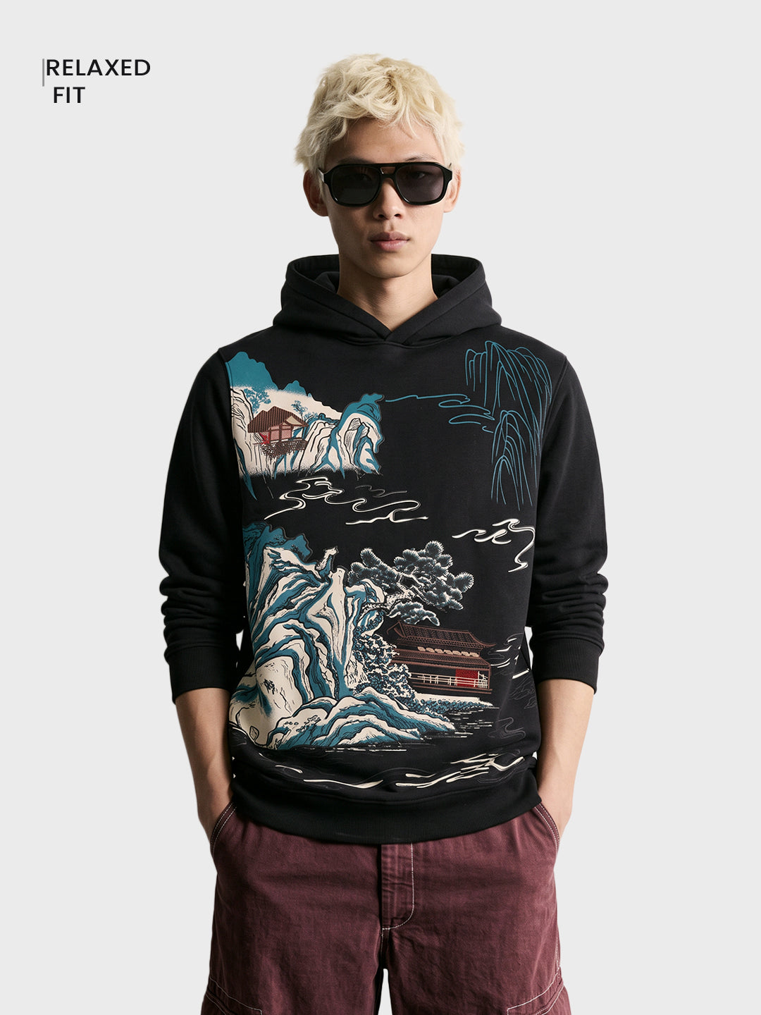 Men's Black Relaxed Fit Graphic Printed Resort Wear Hooded Sweatshirt